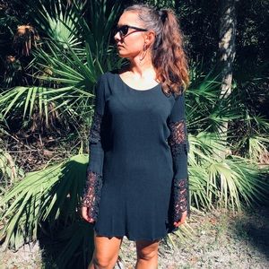 Boho black long sleeve mini dress